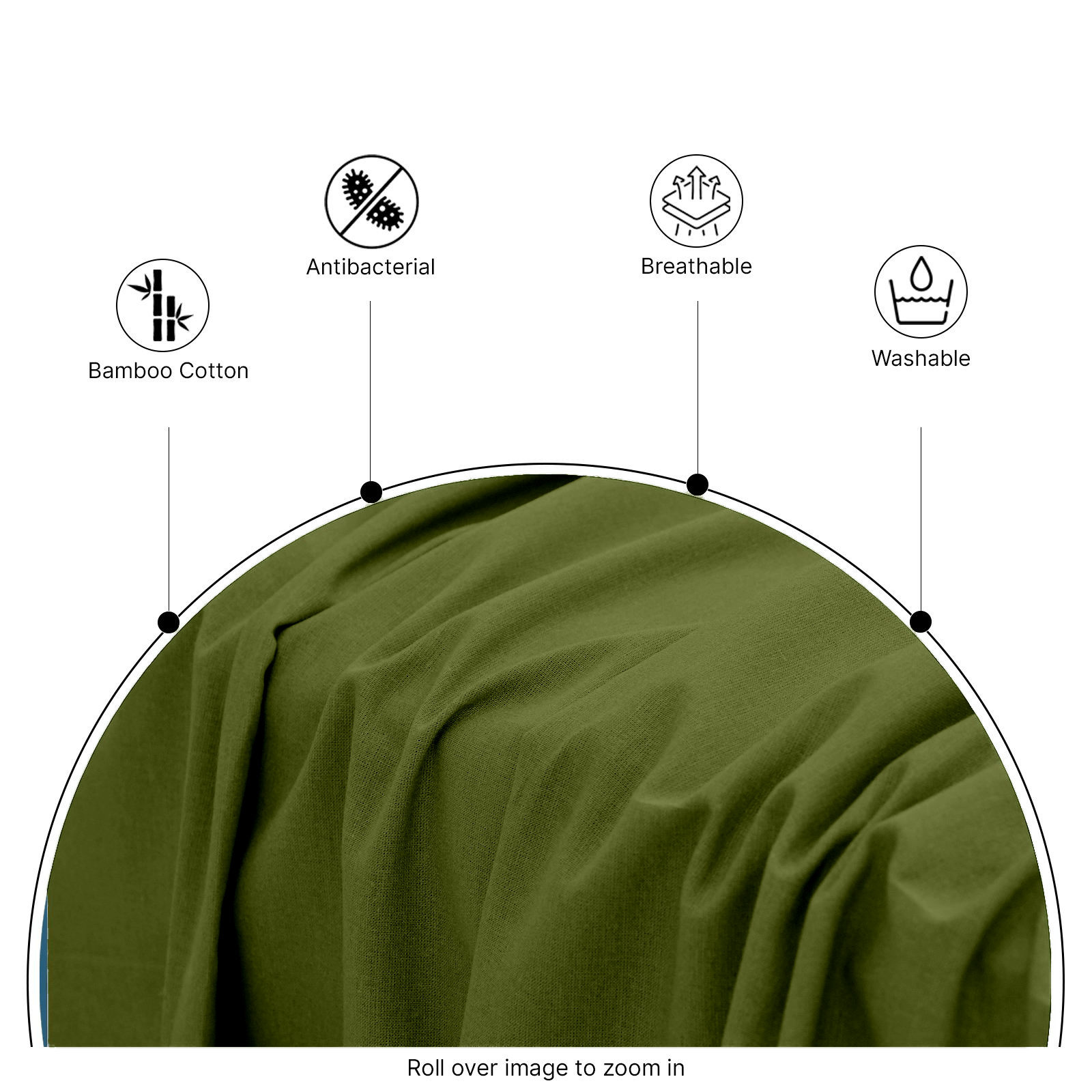 Corner perspective showing the smooth fit and clean seams of an olive green bamboo flat sheet on a mattress