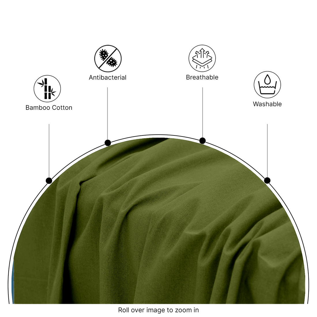 Corner perspective showing the smooth fit and clean seams of an olive green bamboo flat sheet on a mattress