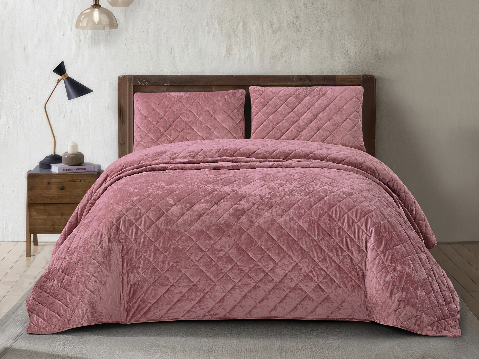 3 Piece Crushed Velvet Bedspread Set - Dusty Pink