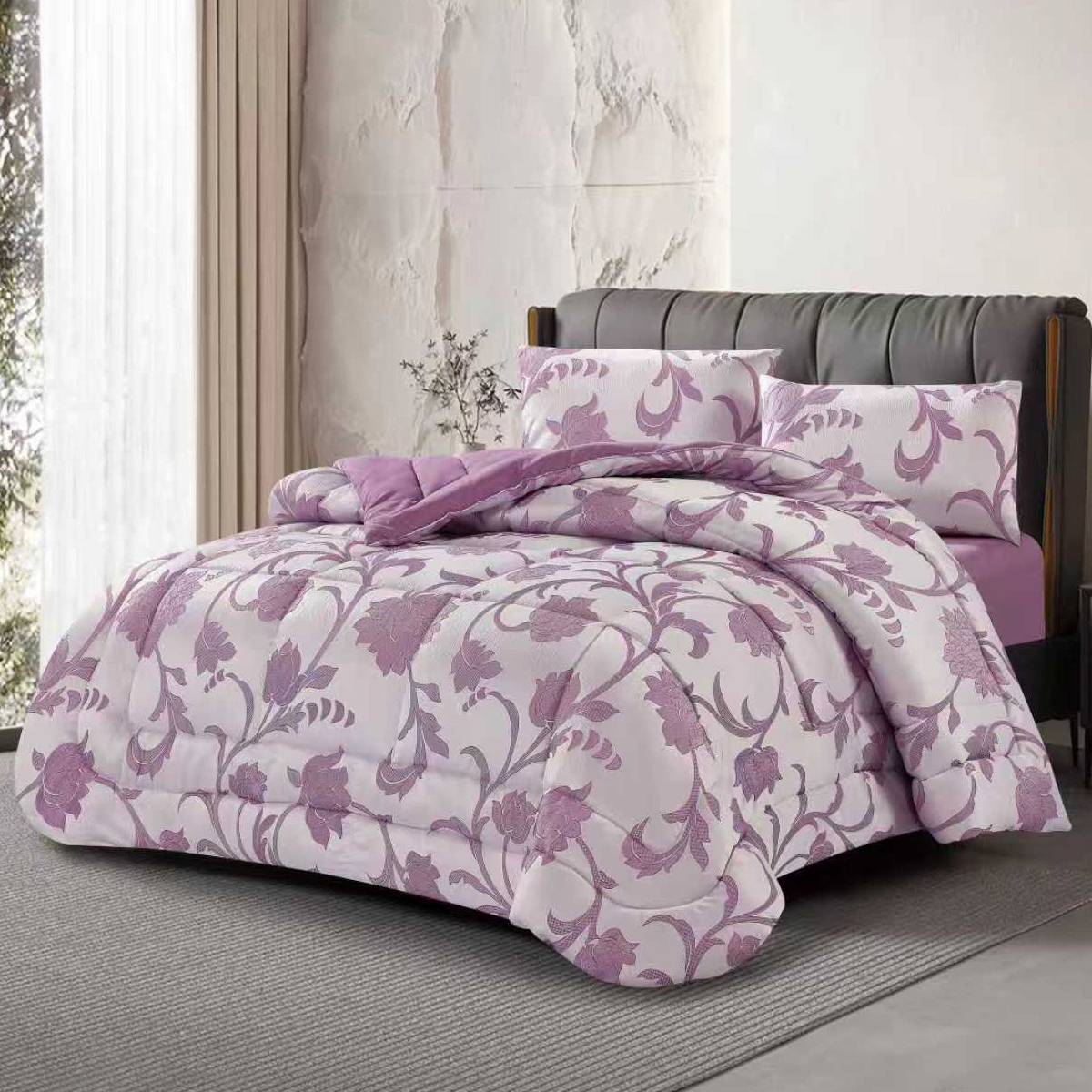 3-piece purple jacquard comforter set with delicate floral patterns styled on a modern bed