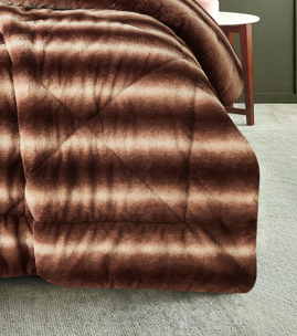 3 Pieces Faux Fur Comforter Set - Brown Stripe