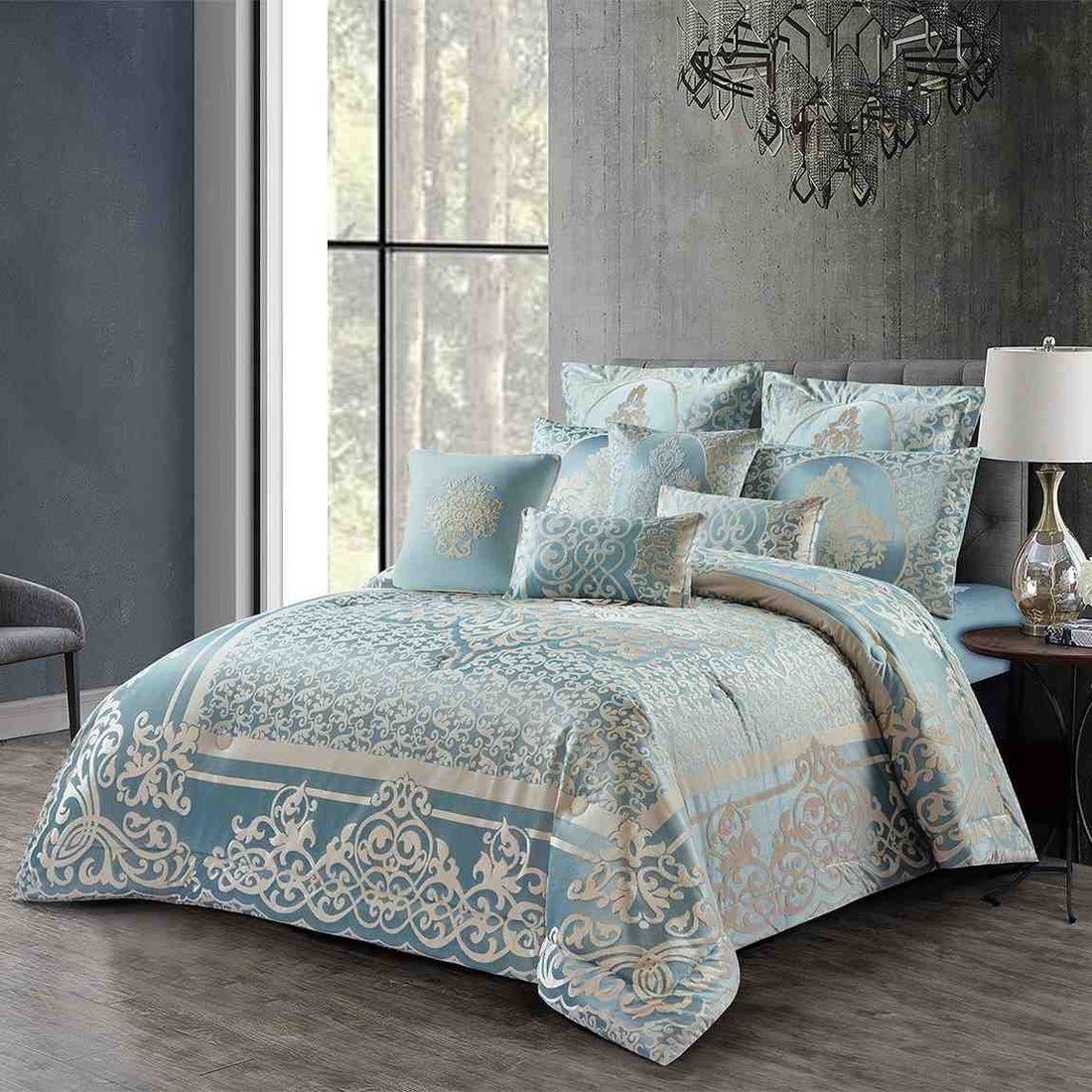 Silver blue damask bedding gift set featuring an elegant floral pattern and matching pillows on a luxury bed.