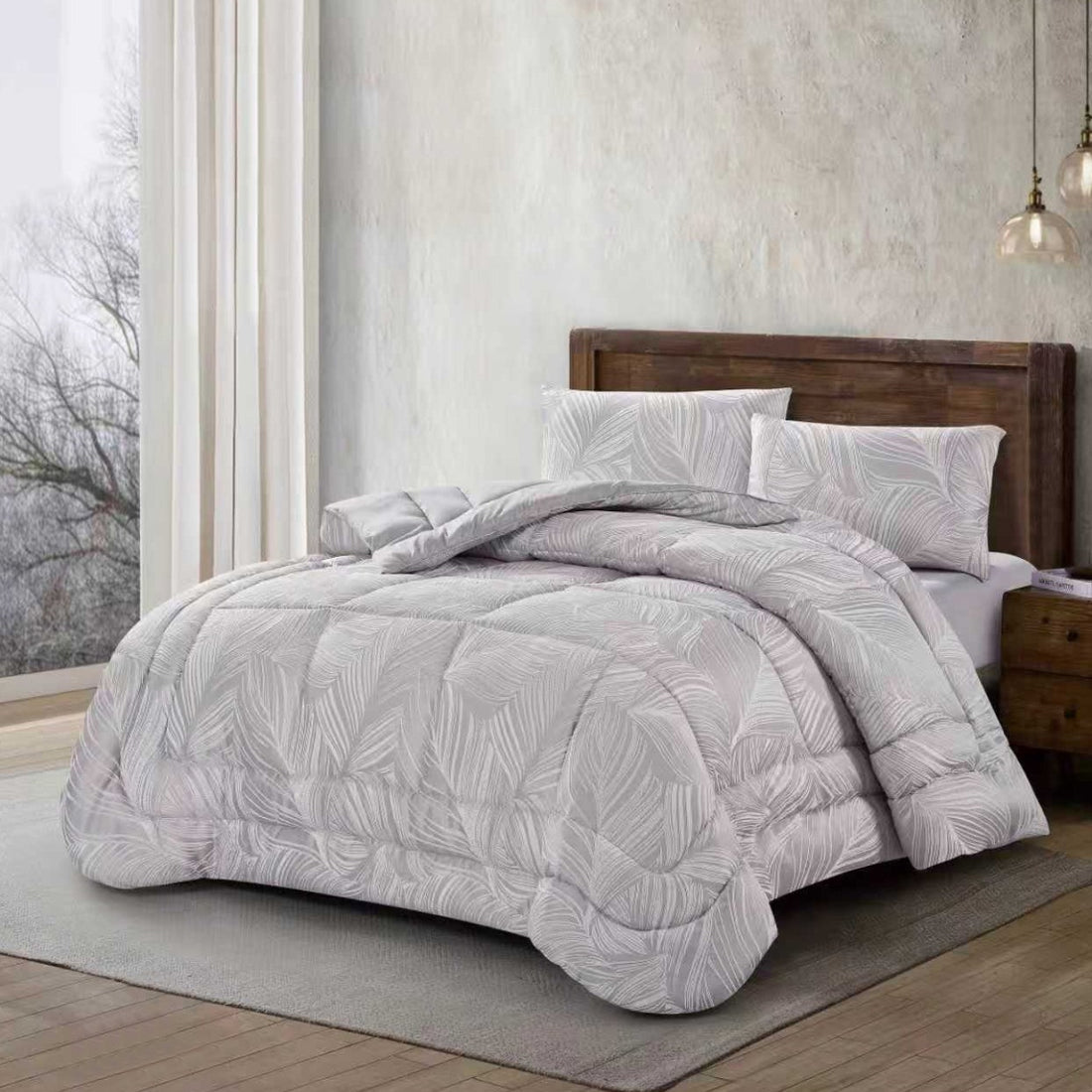 3-piece silver jacquard comforter set with delicate leaf pattern on a bed