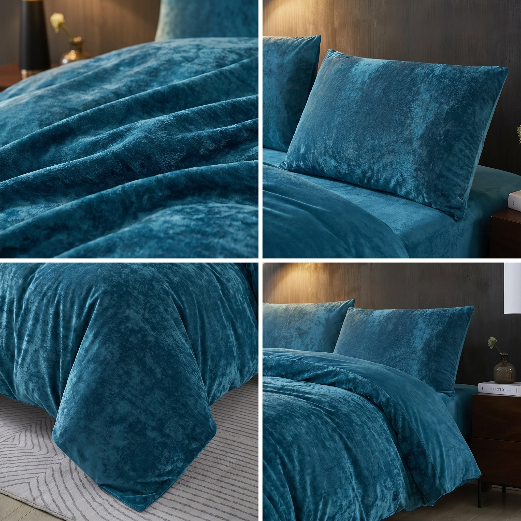 Dark teal blue velvet bedding set with matching cushions and a rich, elegant finish.