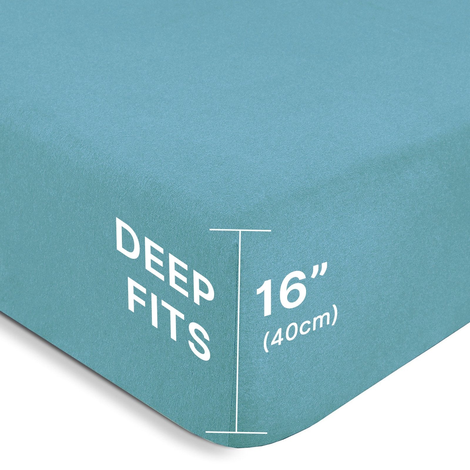 Corner perspective showing the smooth fit and clean tailored seams of a teal bamboo flat sheet on a mattress