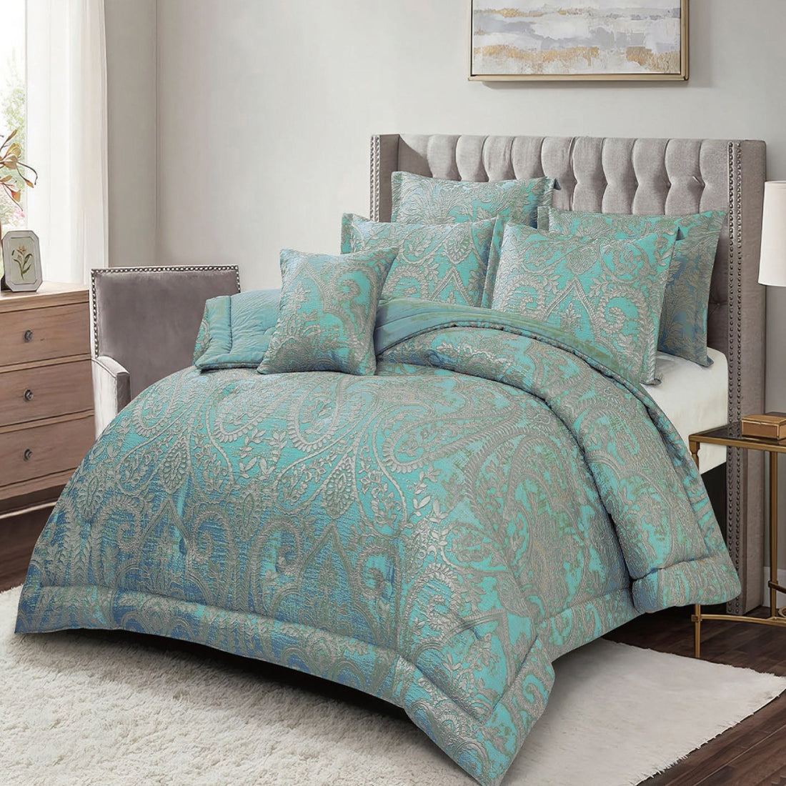 3-piece teal jacquard comforter set with ornate paisley damask patterns styled on a bed