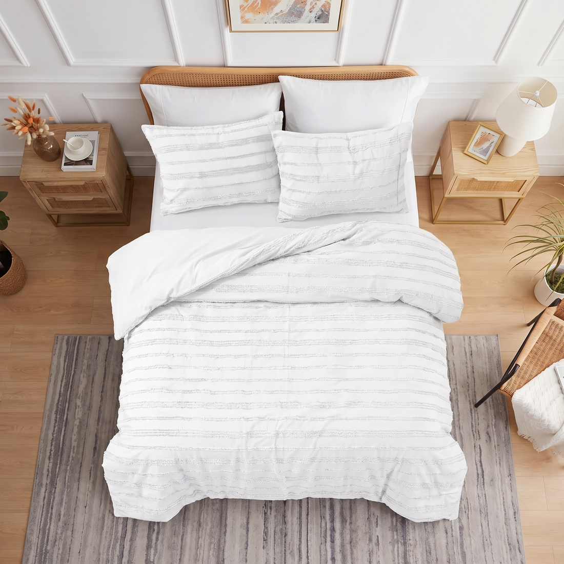 Close-up of white textured quilt cover fabric with a wavy design.