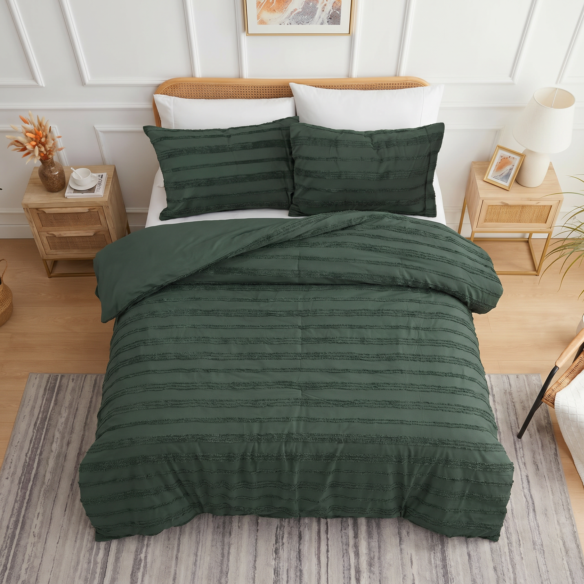 Close-up of olive green textured quilt cover fabric.