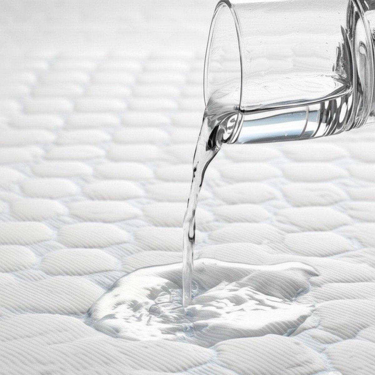 Water being poured from a glass onto an ultra cool waterproof mattress protector demonstrating liquid resistance