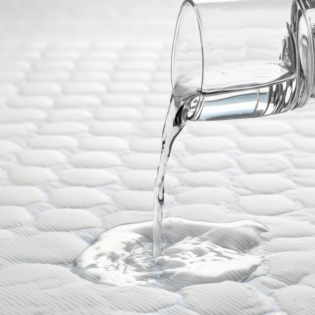 Water being poured from a glass onto an ultra cool waterproof mattress protector demonstrating liquid resistance