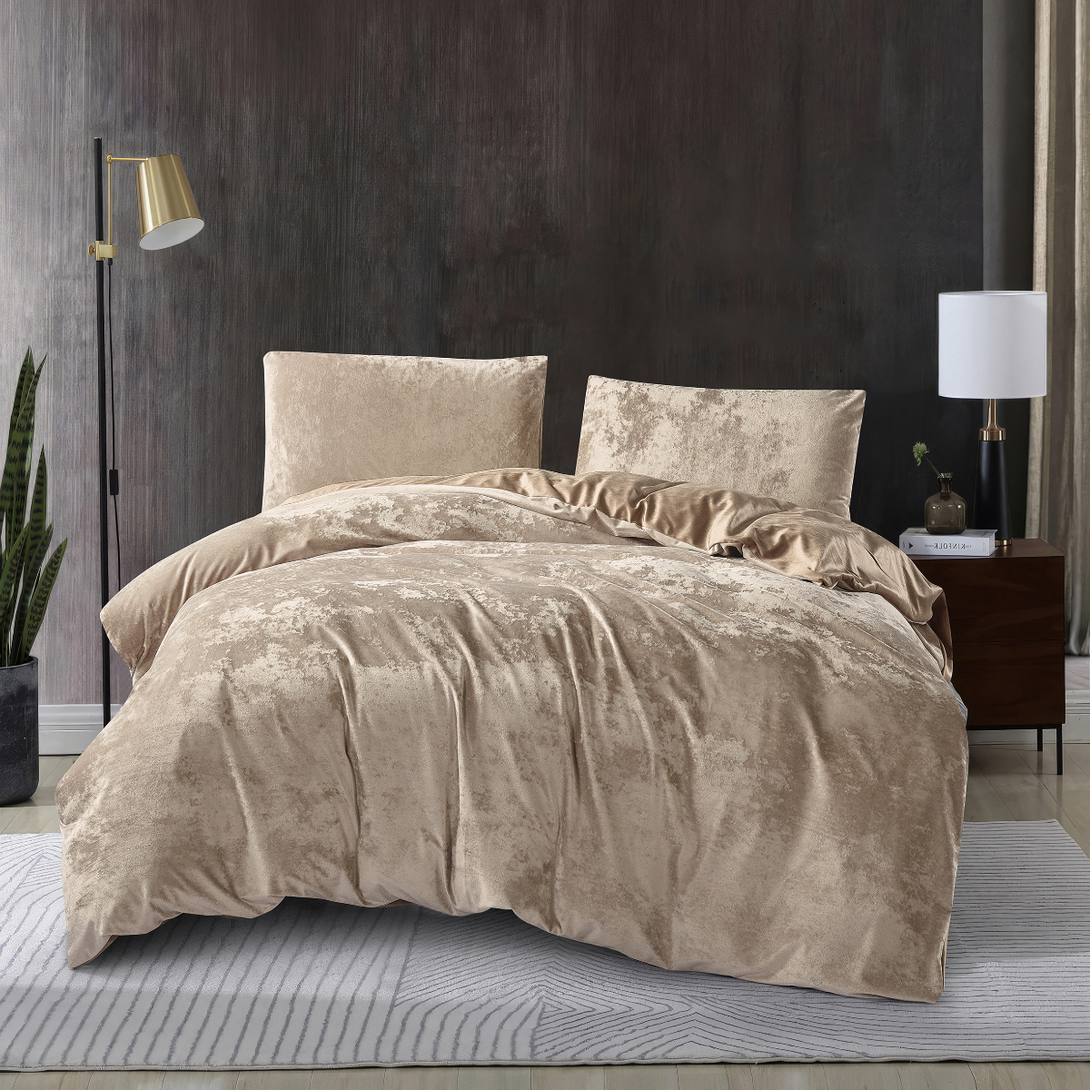Crushed Velvet 3 Piece Quilt Cover Set - Gold Caramel