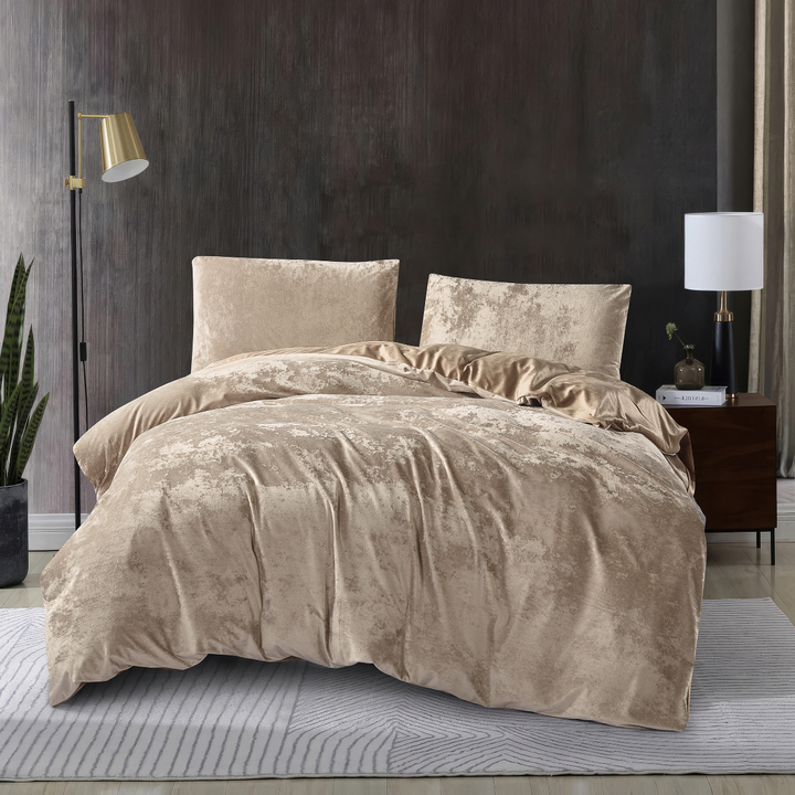 Crushed Velvet 3 Piece Quilt Cover Set - Gold Caramel