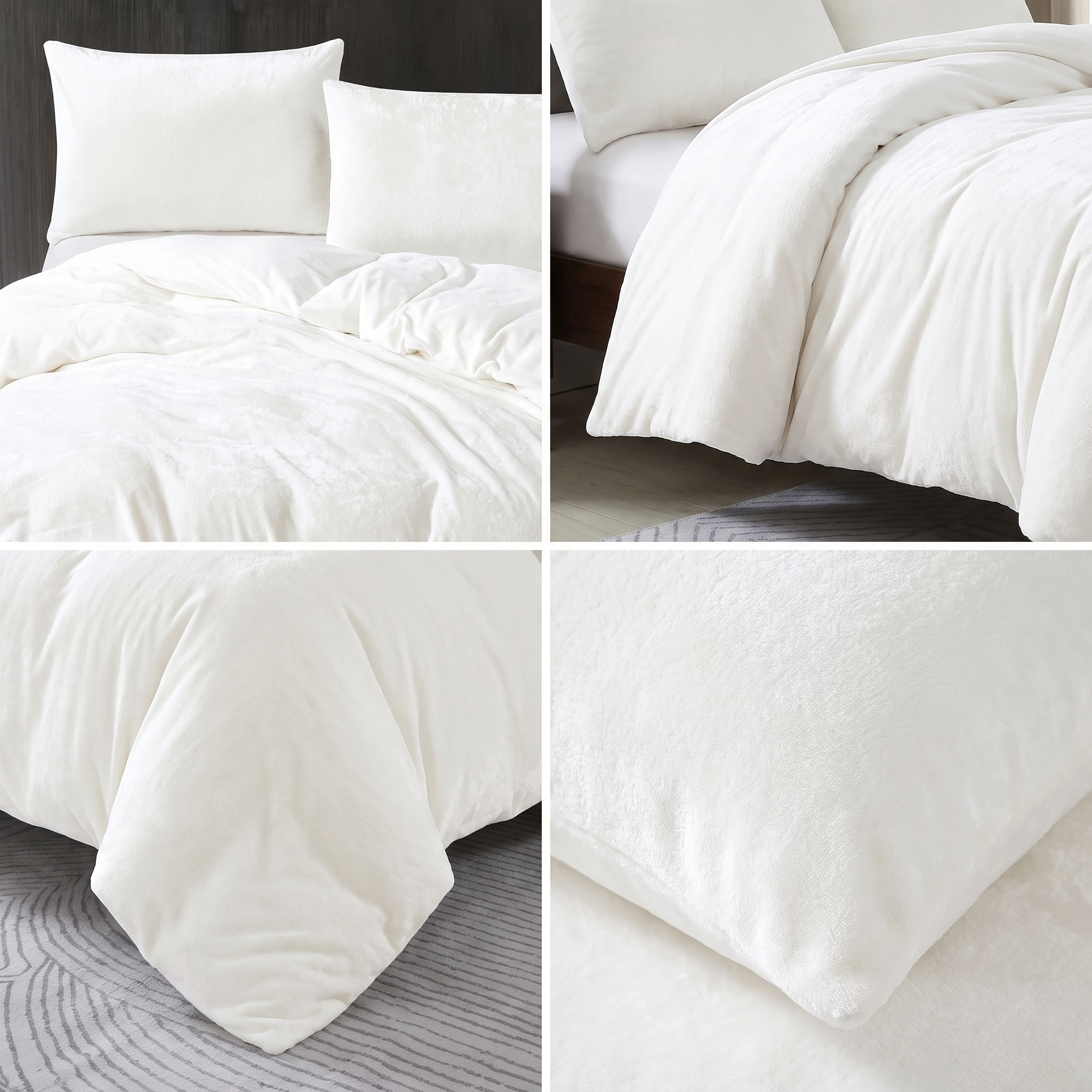 White plush velvet quilt cover set with matching pillows and a soft, luxurious texture.