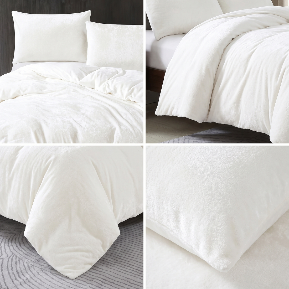 White plush velvet quilt cover set with matching pillows and a soft, luxurious texture.