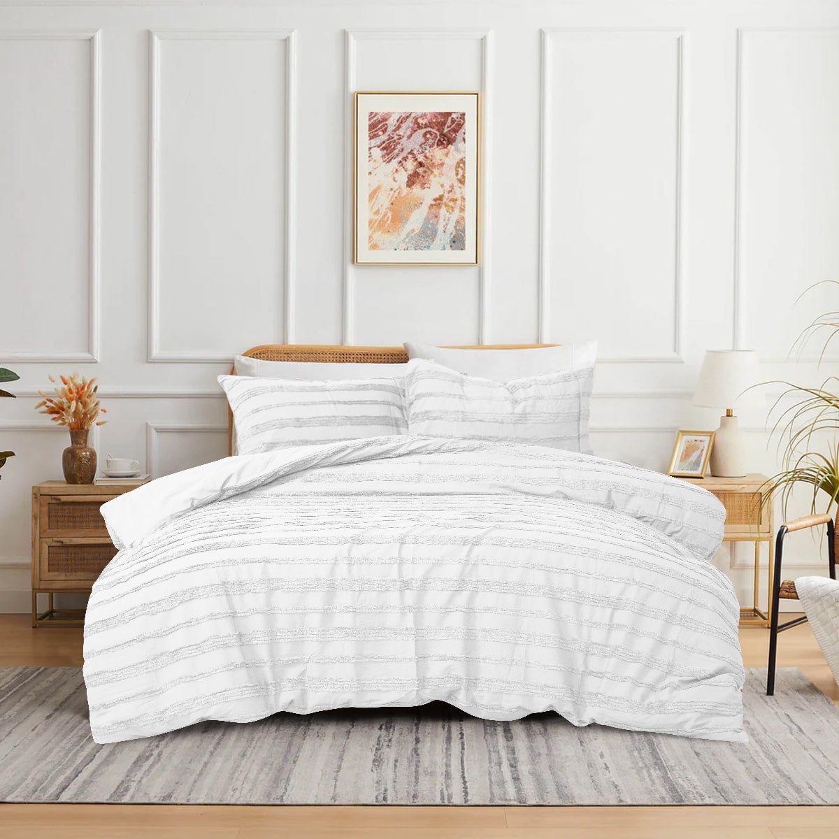 White 3-piece tufted quilt cover set displayed on a modern bed.