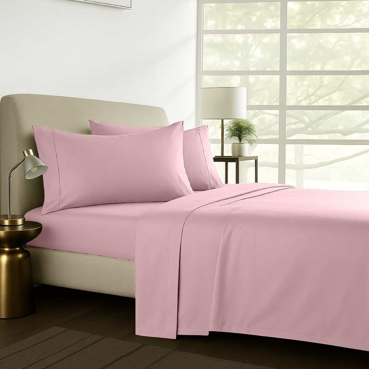 Baby pink cotton sheet set styled