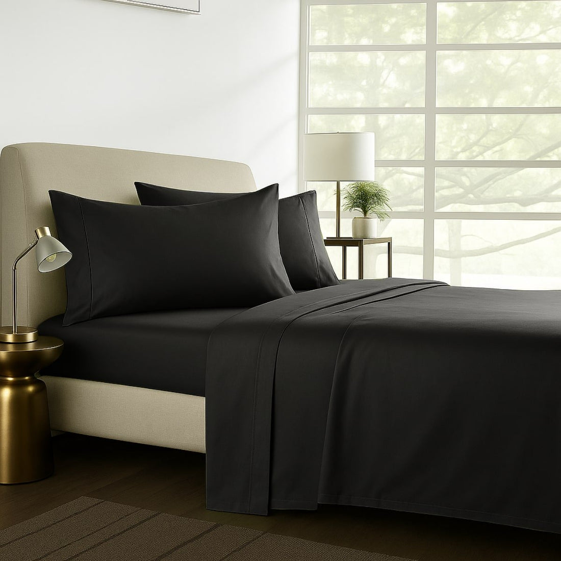 Black cotton sheet set styled