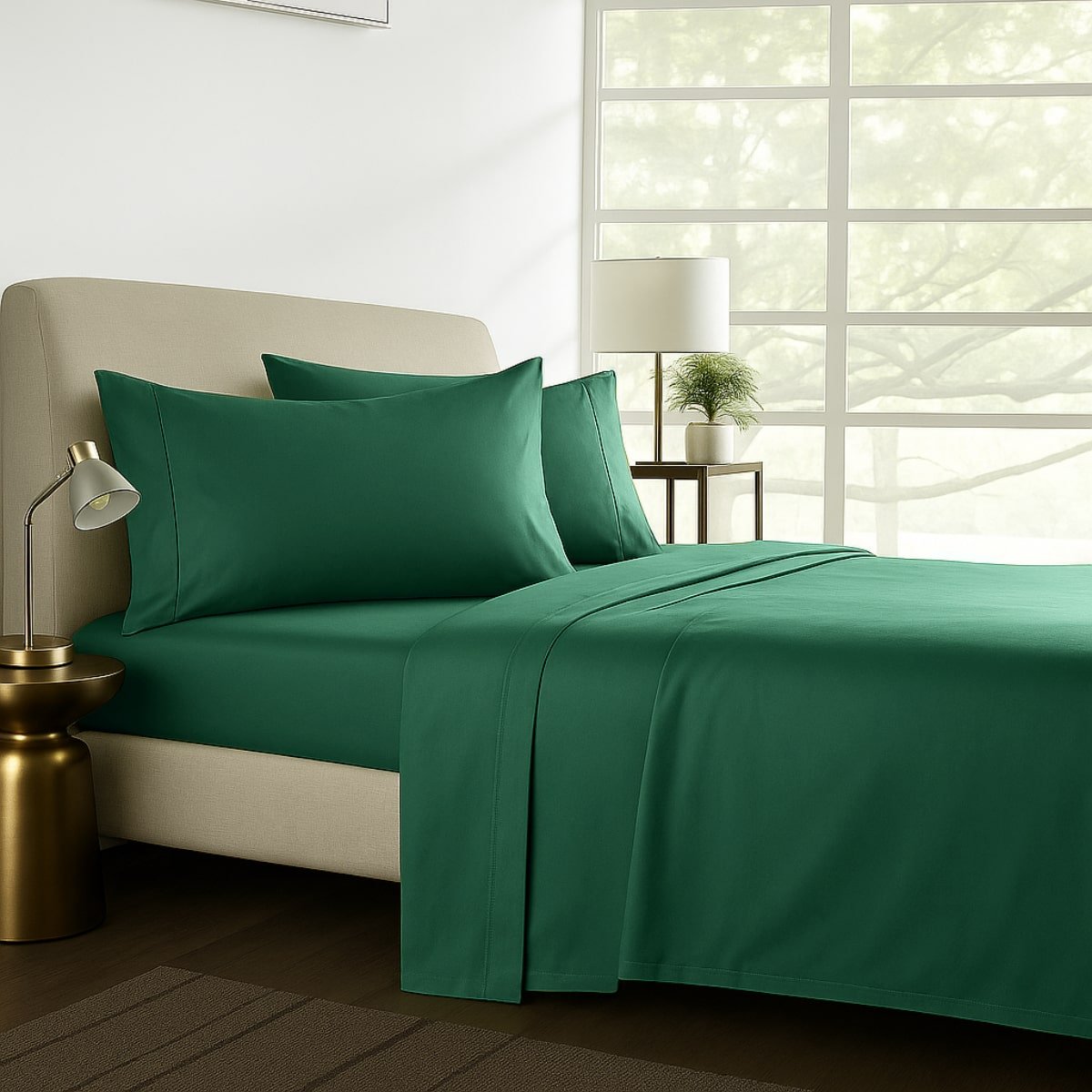 1000TC pure soft cotton sheet set in brunswick green styled on a bed