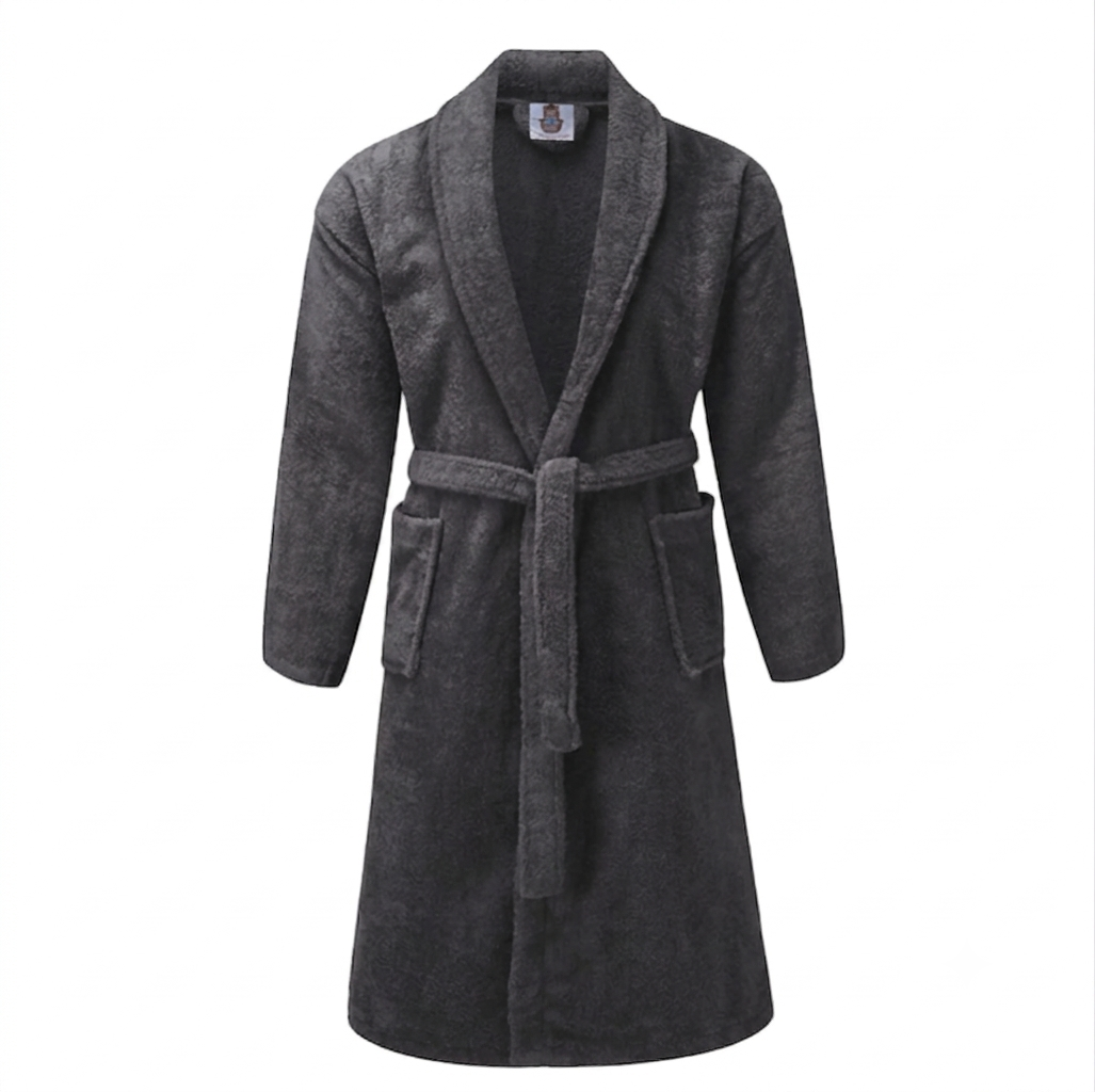 Charcoal cotton terry bathrobe hanging