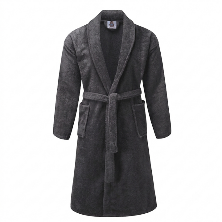 Charcoal cotton terry bathrobe hanging