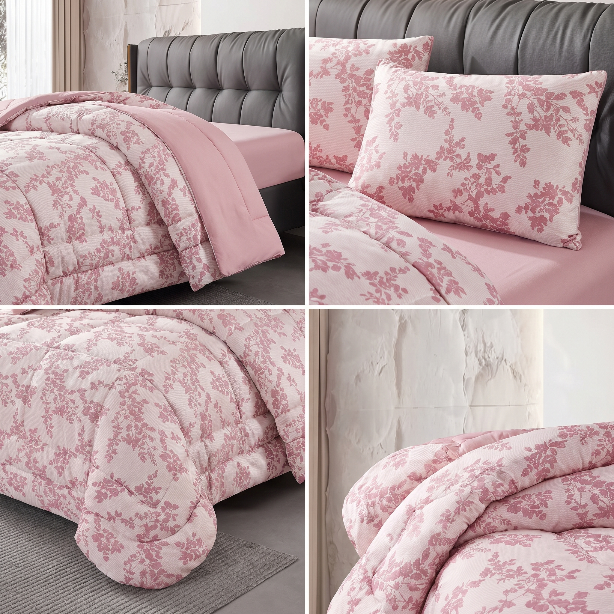 Split panel view showing different angles and textures of the luxury pink jacquard bedding set