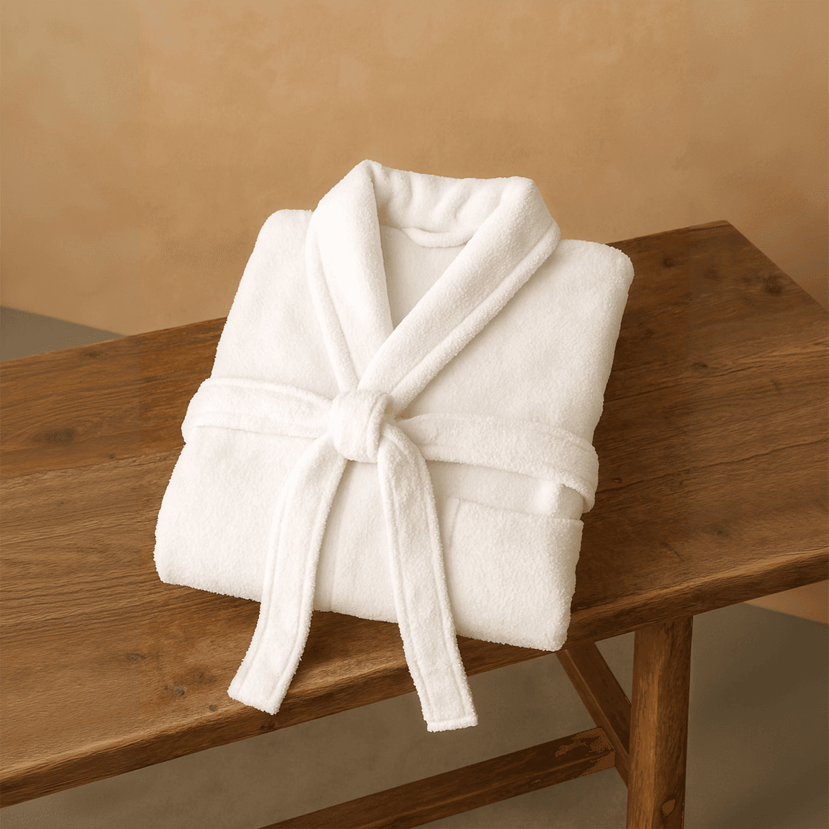 Cotton bathrobe tied at wais