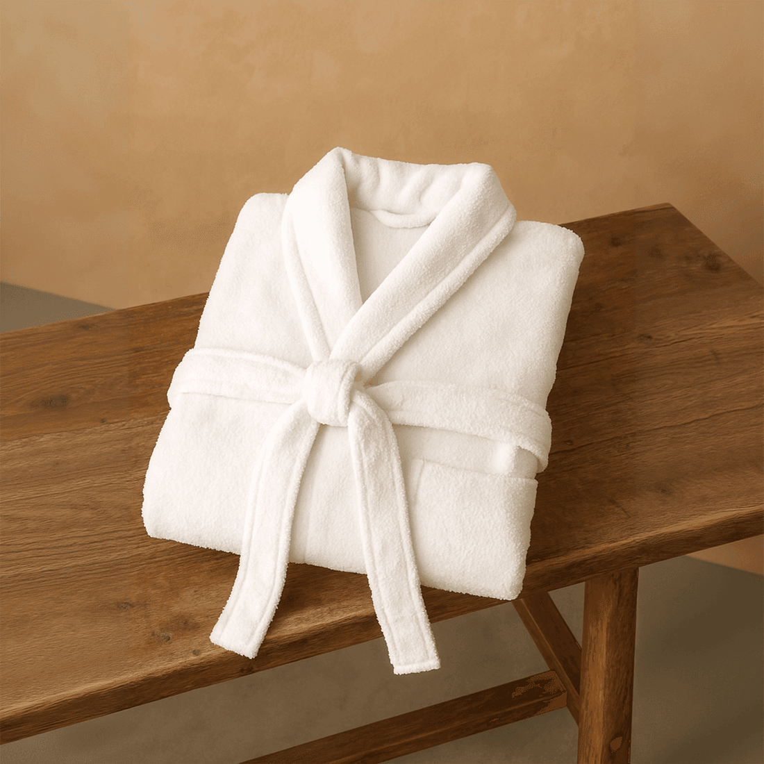 Cotton bathrobe tied at wais