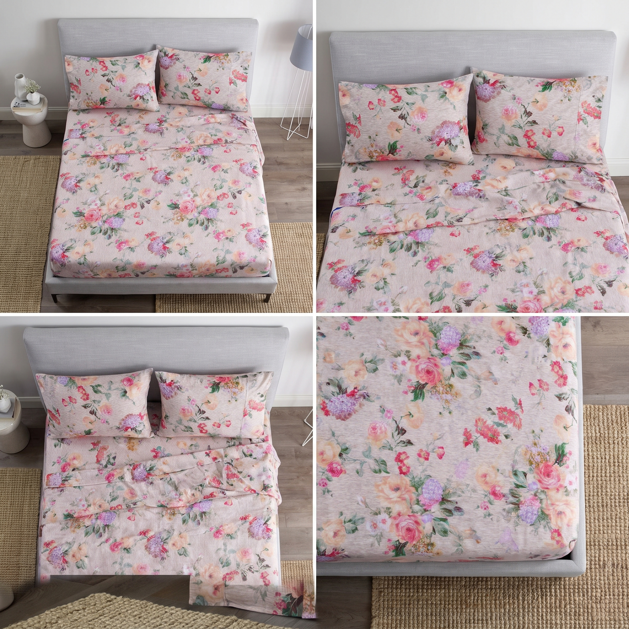Overhead flat lay pink floral sheets