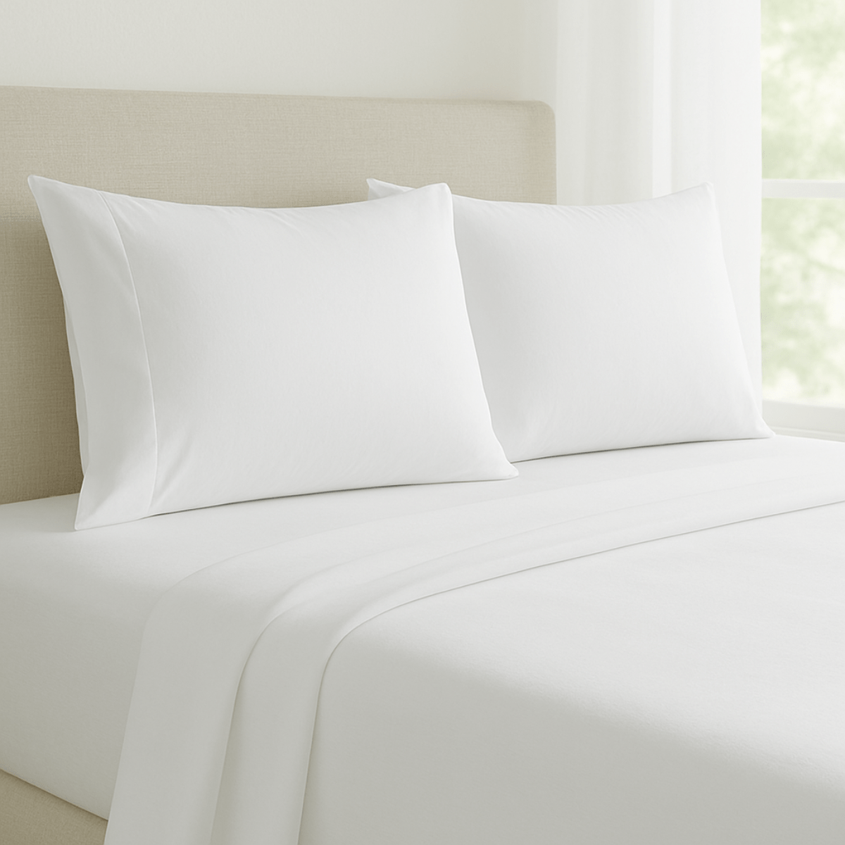 Neatly arranged white pillows and sheets on a bed in a soft-toned bedroom