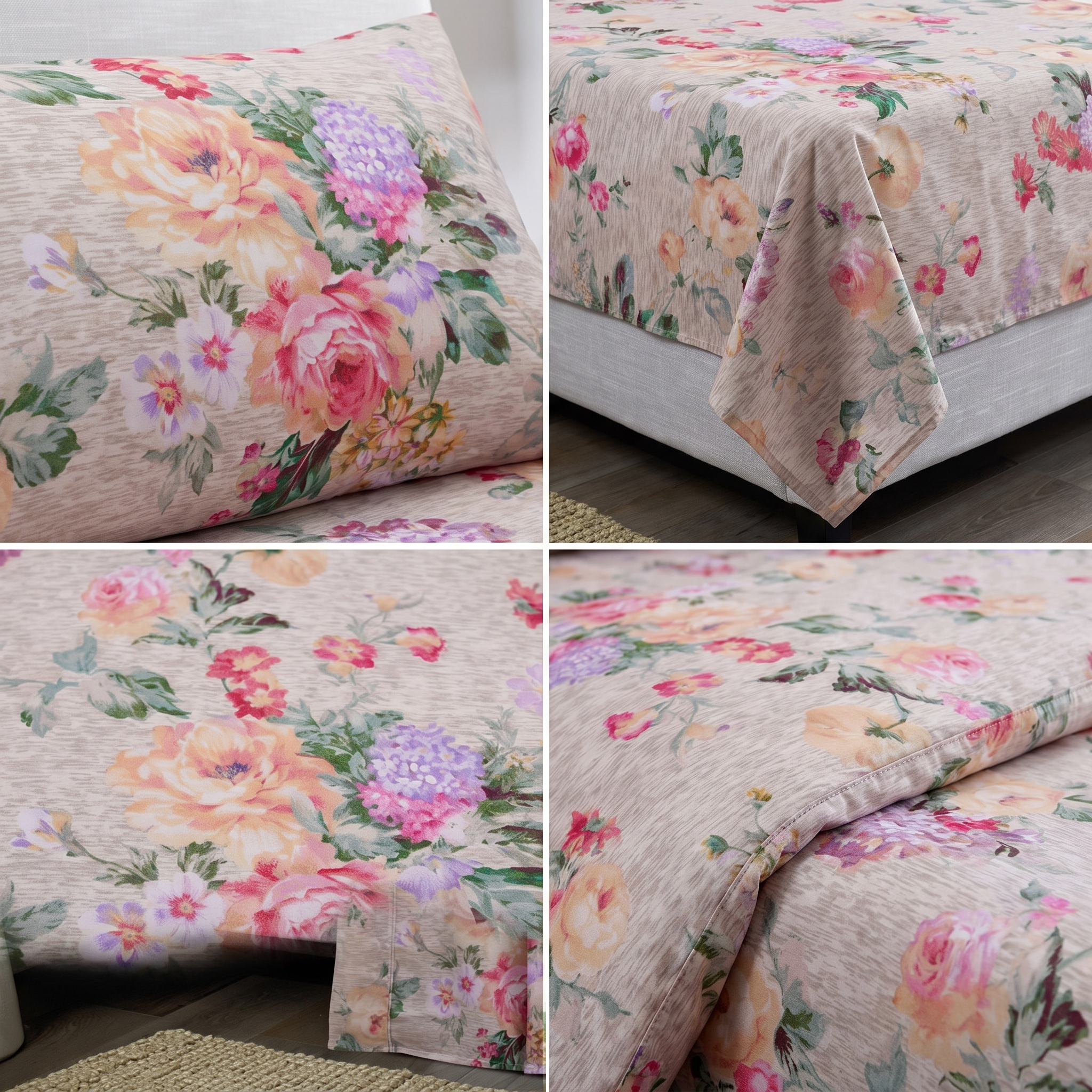 Close-up floral pillowcase bird pattern