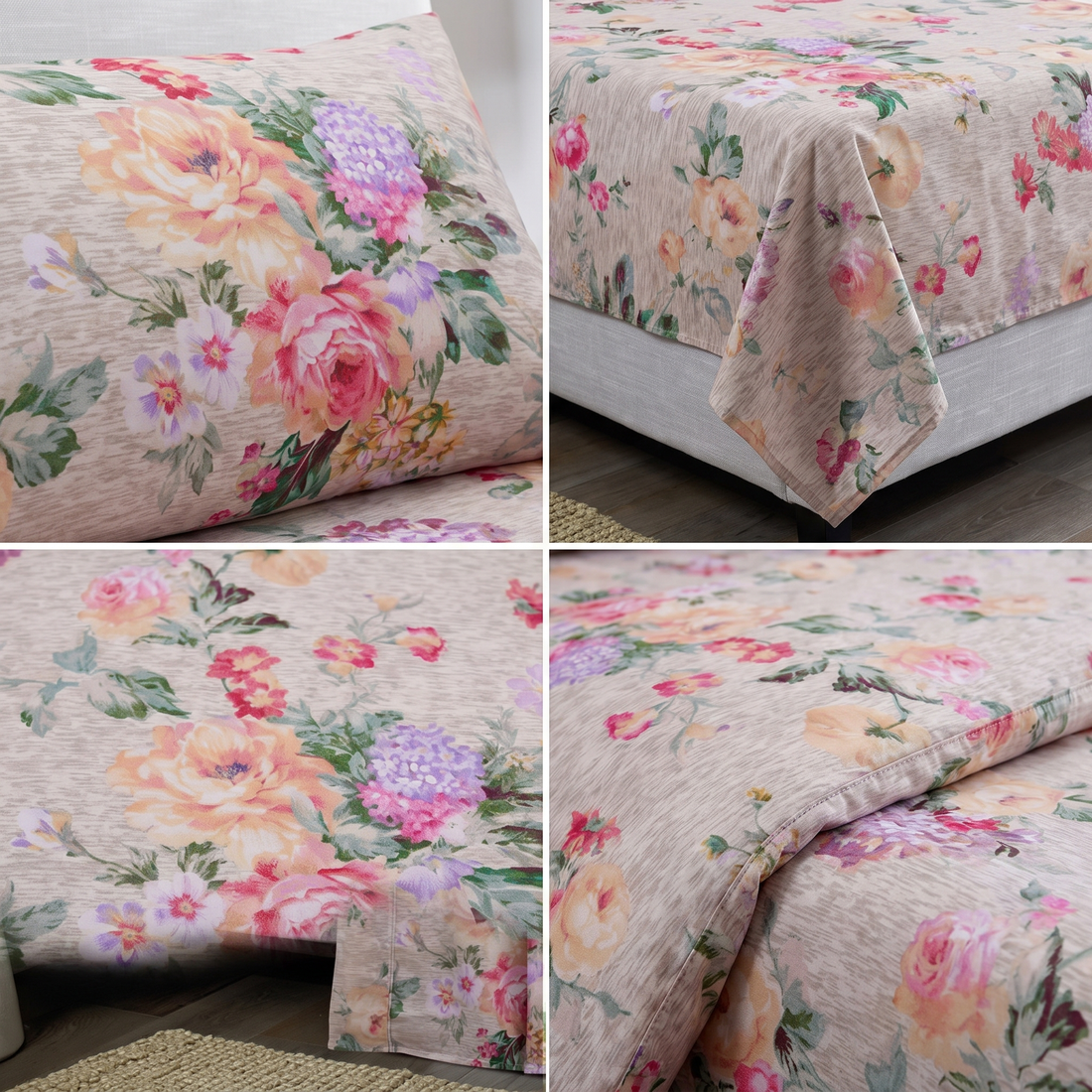 Close-up floral pillowcase bird pattern