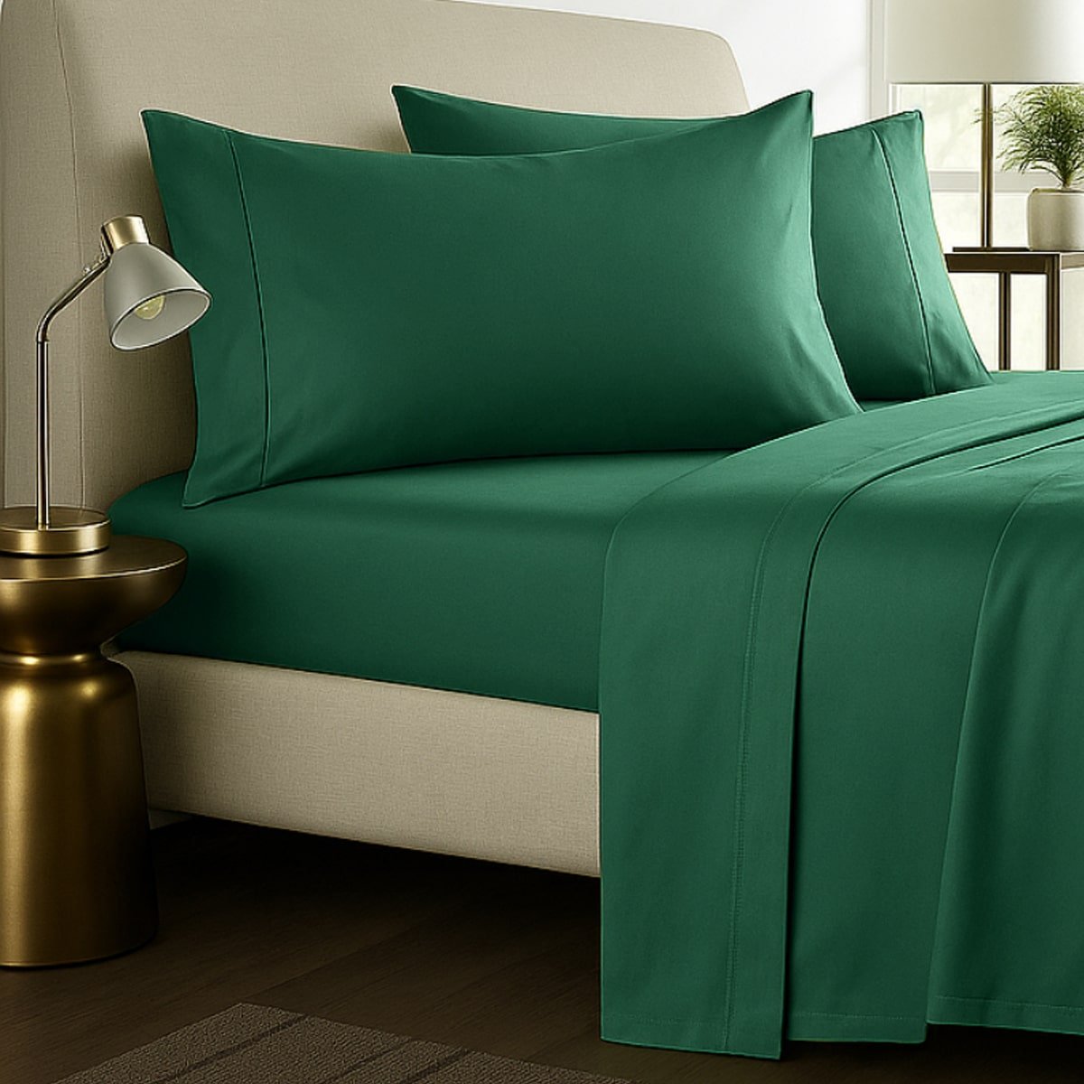 Overhead view of deep green cotton sheet set with folded top sheet and pillows