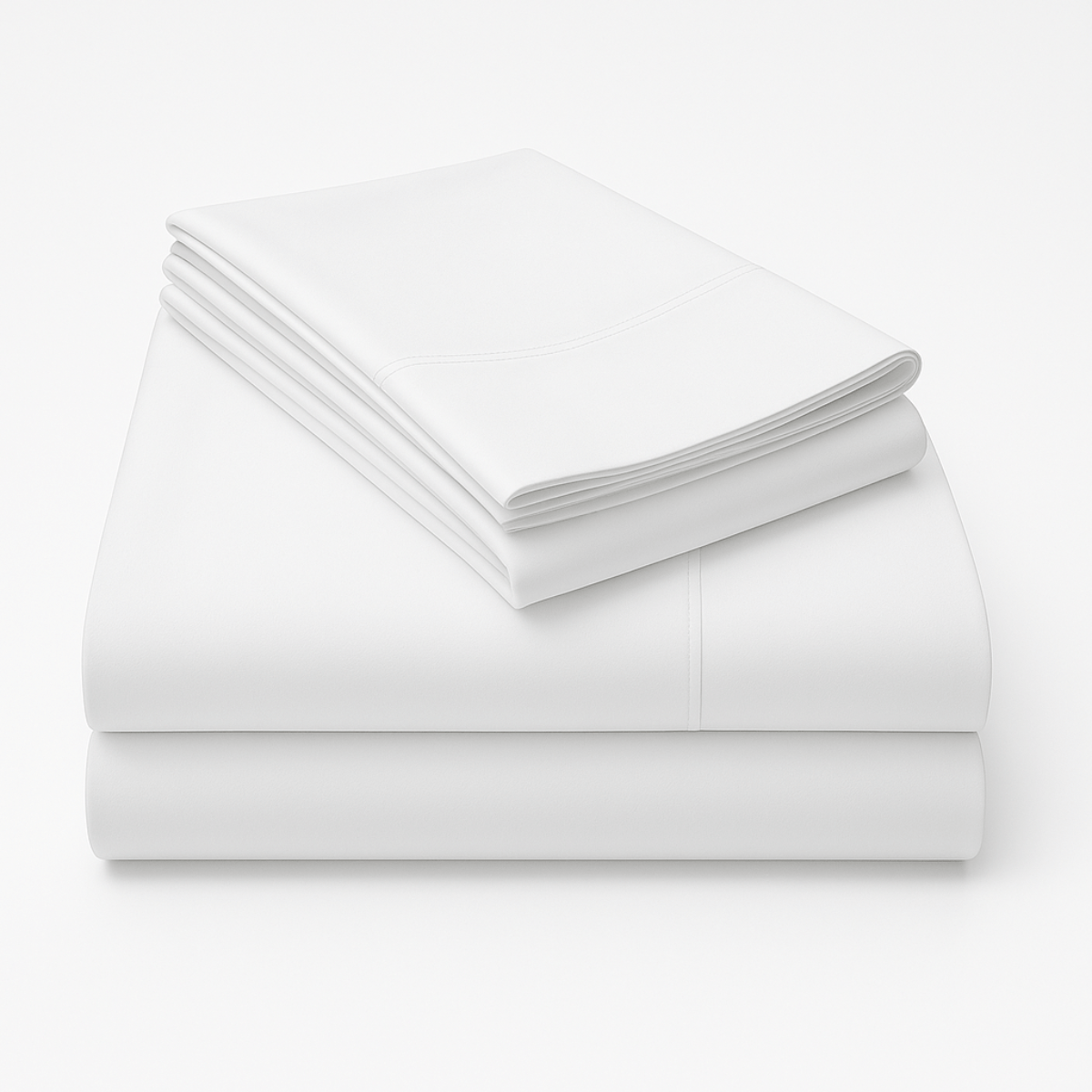Folded white cotton sheet set stacked showing crisp fabric texture
