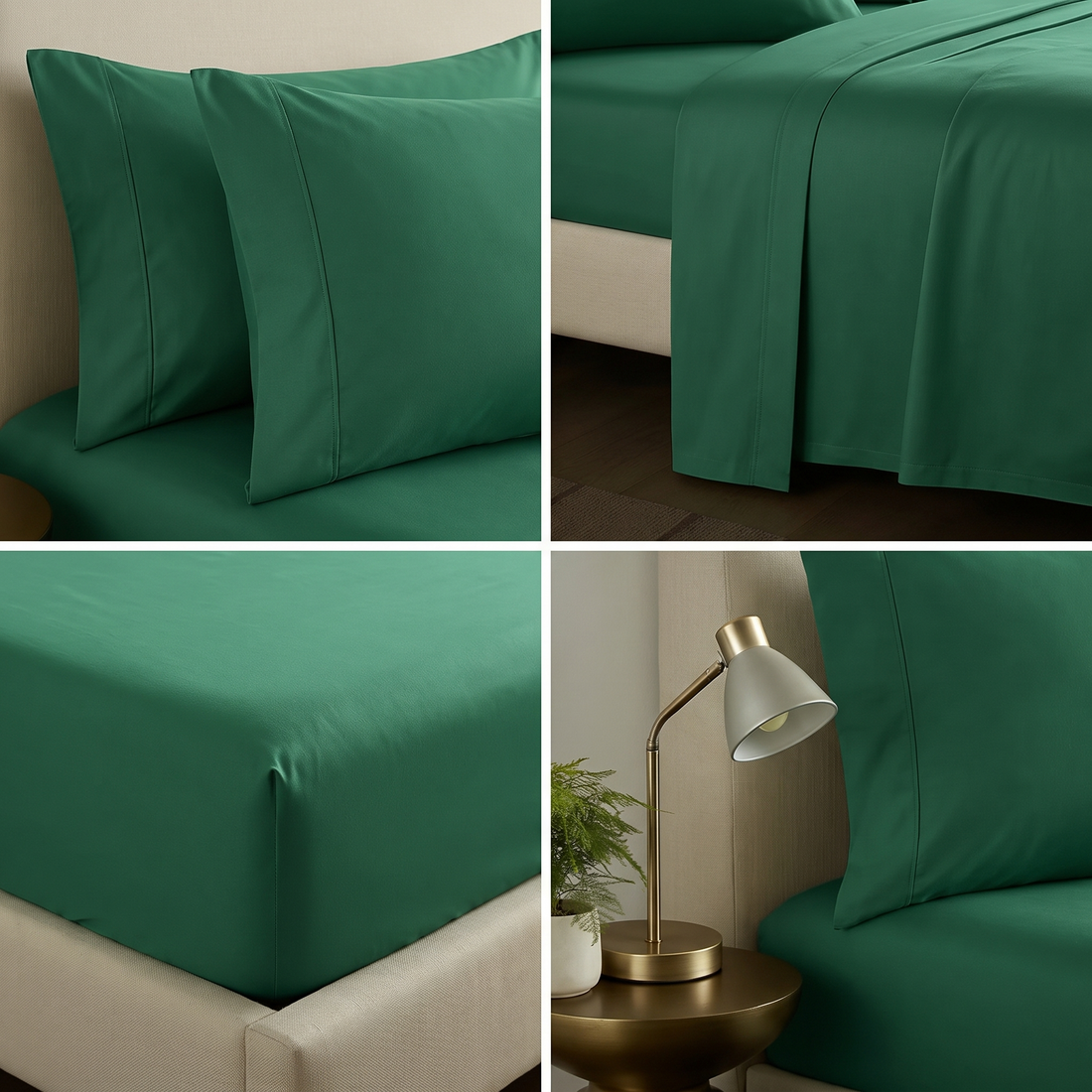 King size brunswick green cotton sheet set styled in a cozy bedroom setting