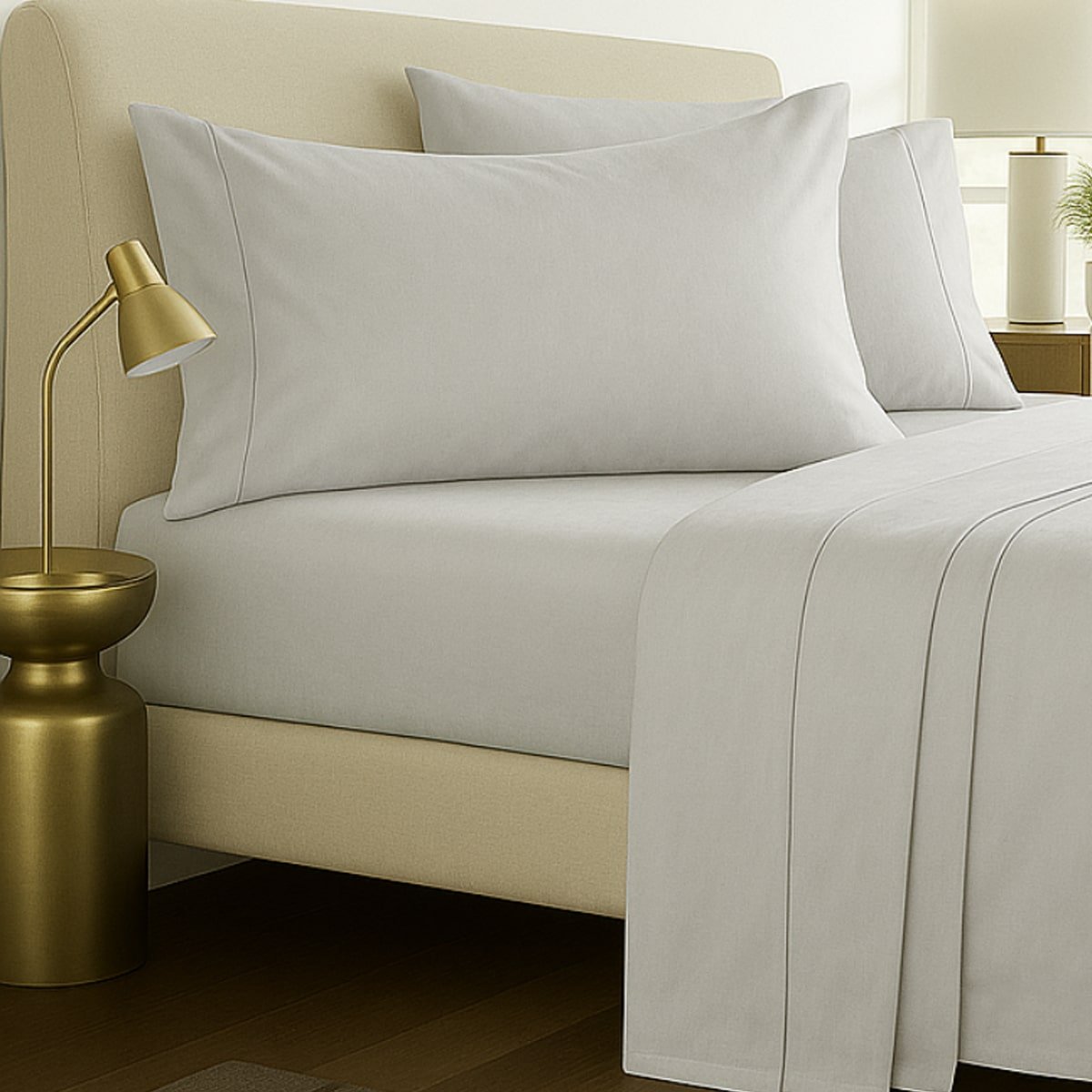 Silver grey bed sheets on bed