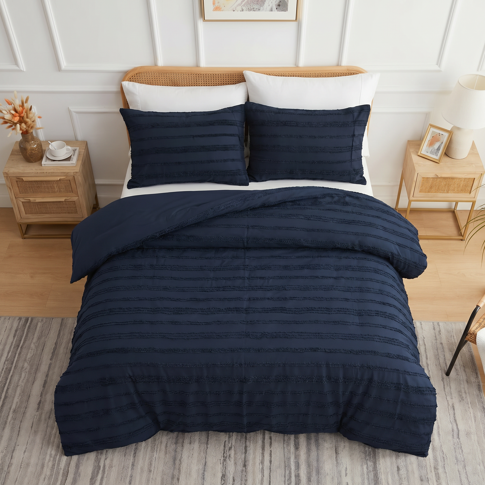 Tufted 3 Pcs Quilt Cover Set - Navy Blue