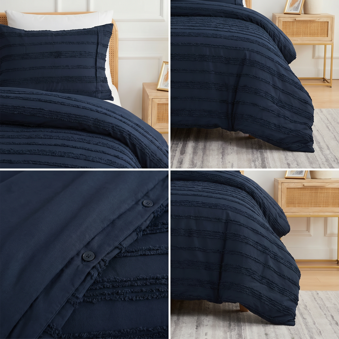 Tufted 3 Pcs Quilt Cover Set - Navy Blue