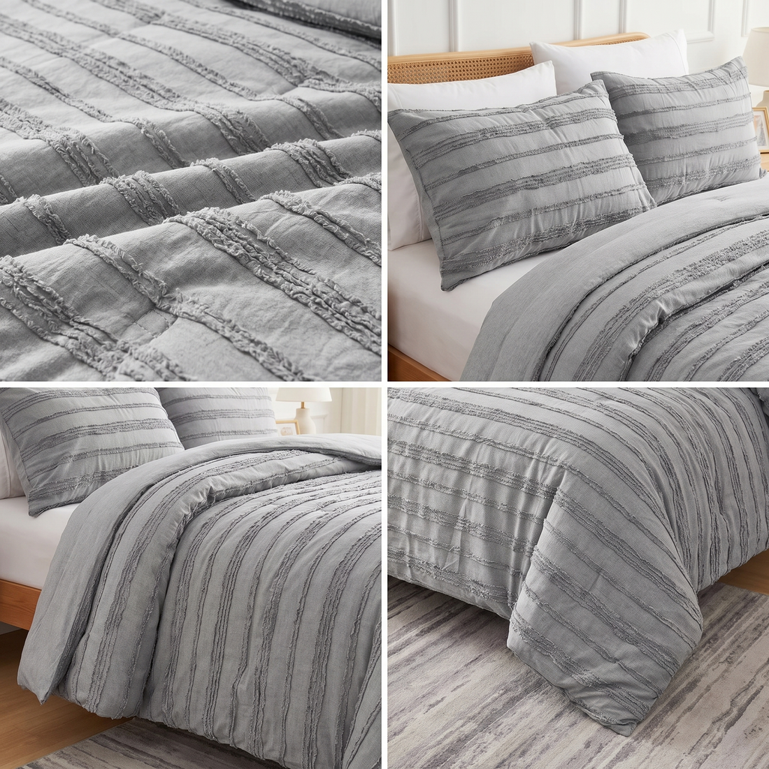 Tufted 3 Pcs Quilt Cover Set - Silver Grey