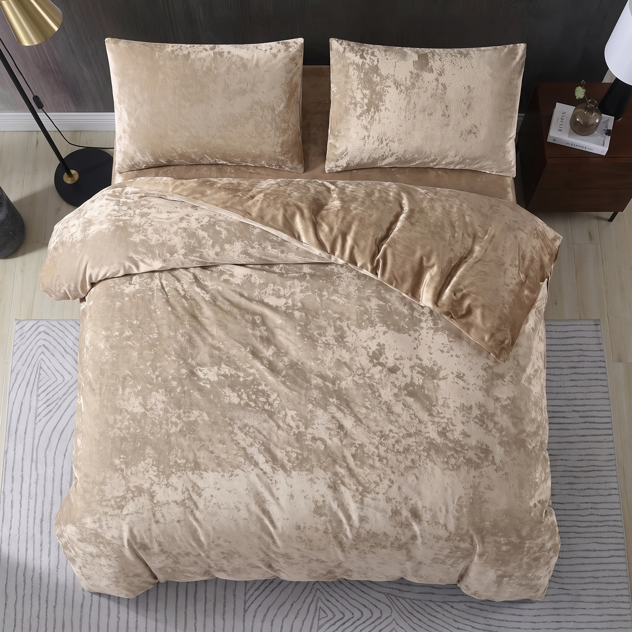 Crushed Velvet 3 Piece Quilt Cover Set - Gold Caramel