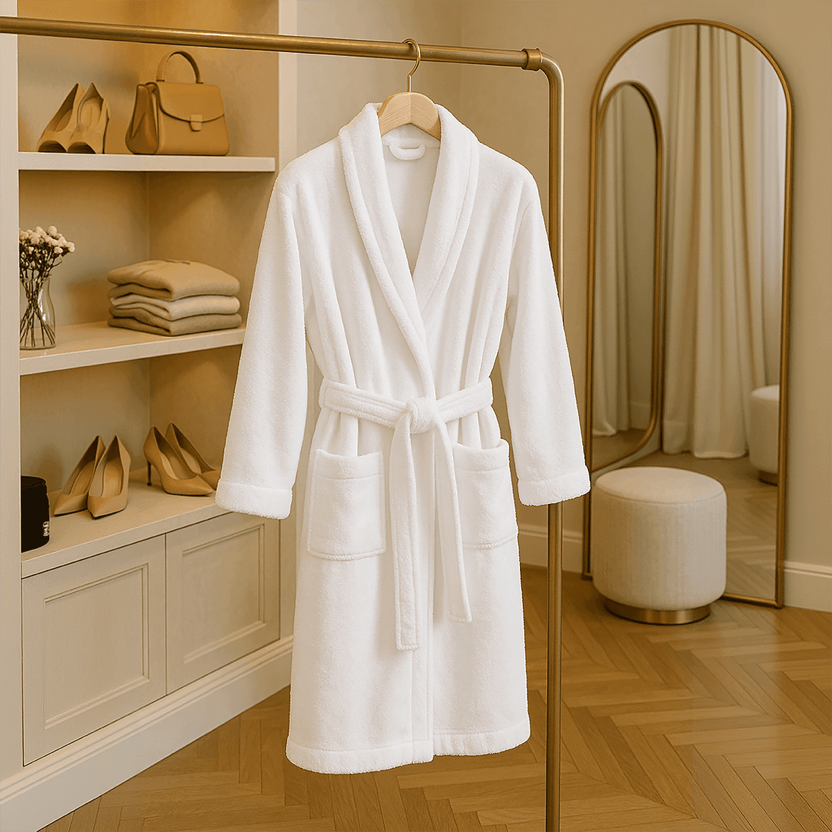 Close-up white terry robe fabric