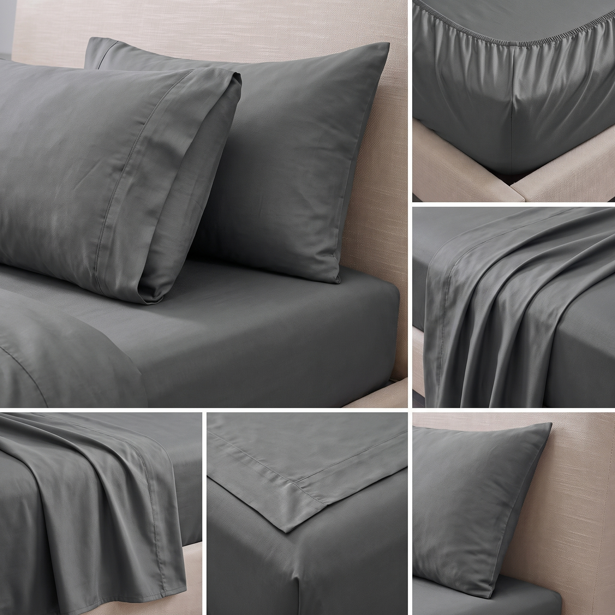 Close-up of charcoal cotton pillowcases and fitted sheet corner showing fabric texture