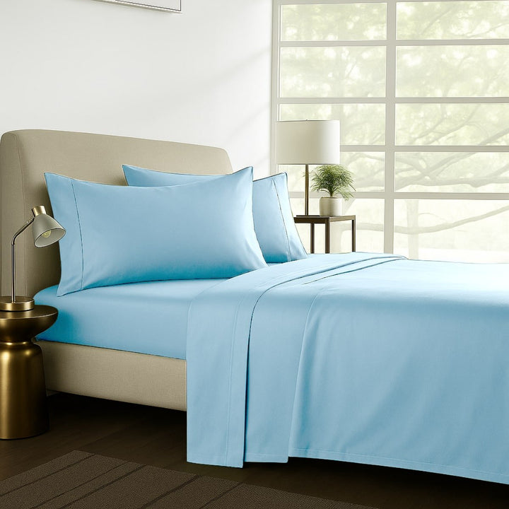 Light blue cotton sheet set styled