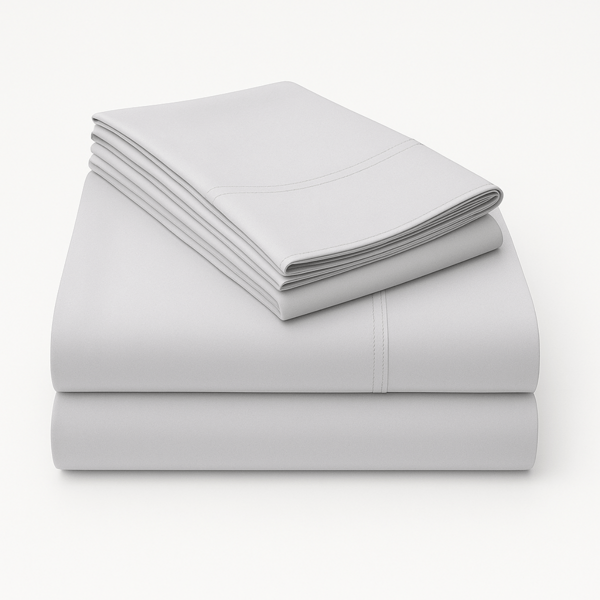 Folded grey cotton sheets stacked neatly
