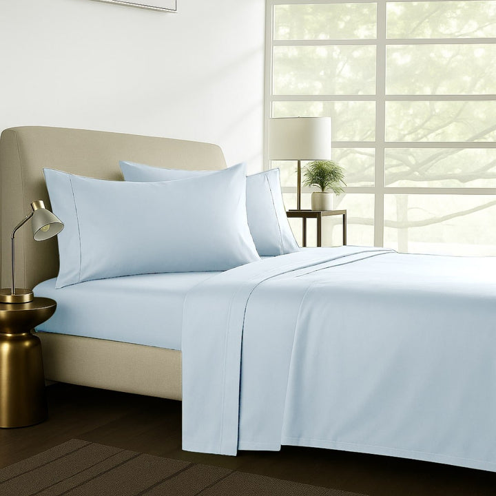 Pale blue cotton sheet set styled