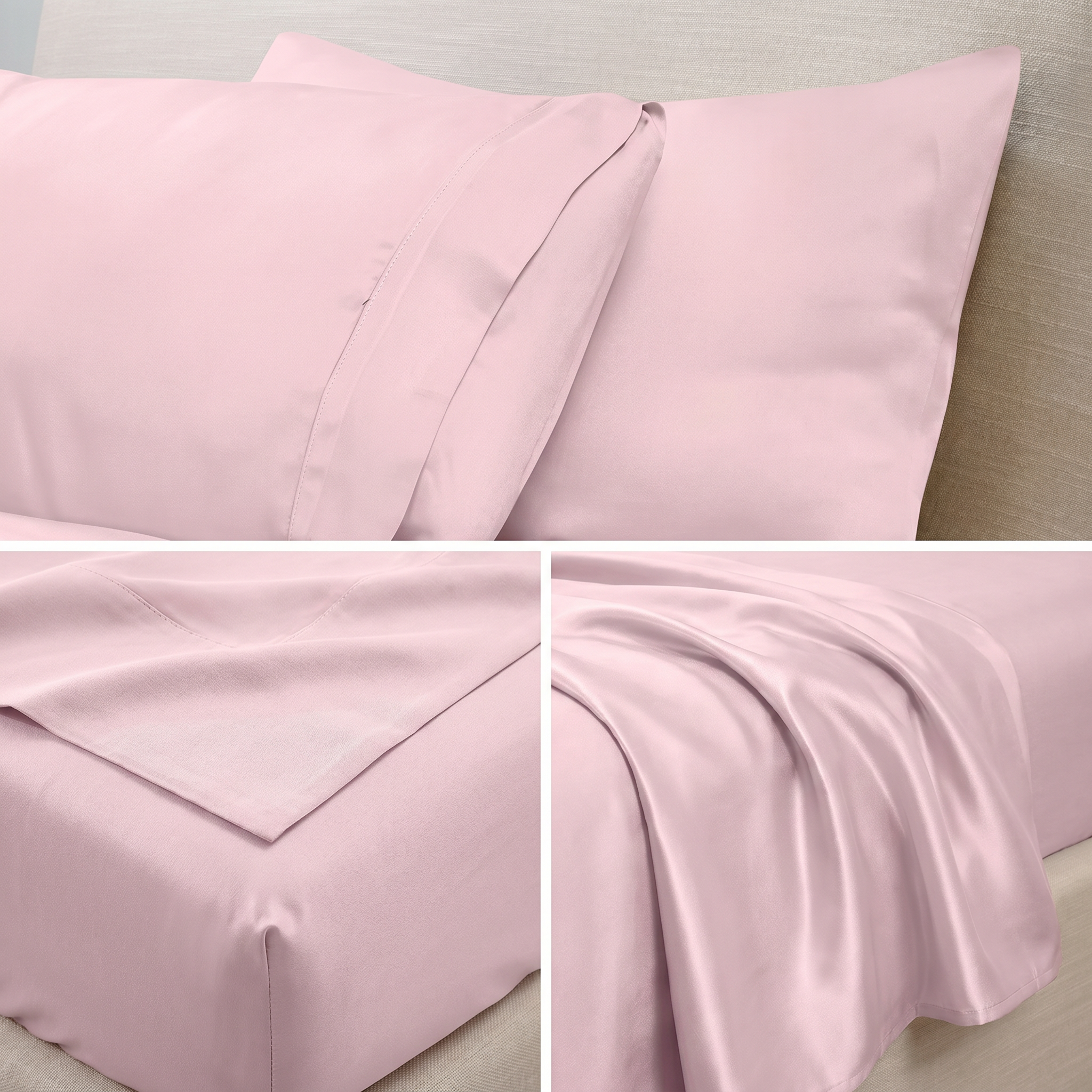 Close-up of pink pillowcases showing soft cotton fabric texture and stitched trim
