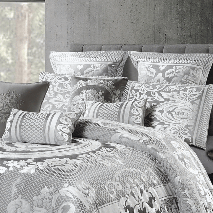 Full view of grey damask medallion comforter set complete with matching cushions and pillow shams