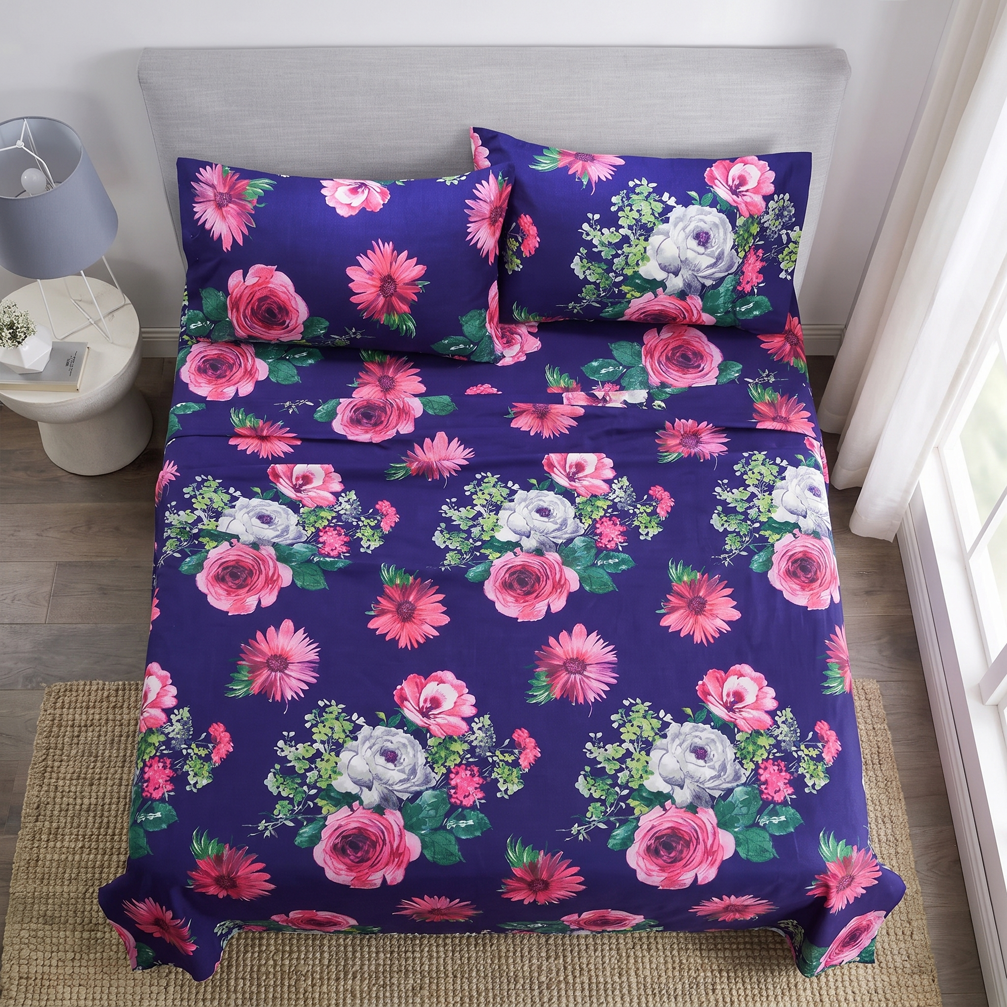 Overhead flat lay floral print sheets"
