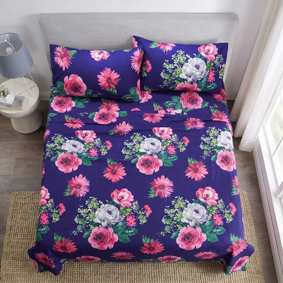 Overhead flat lay floral print sheets"