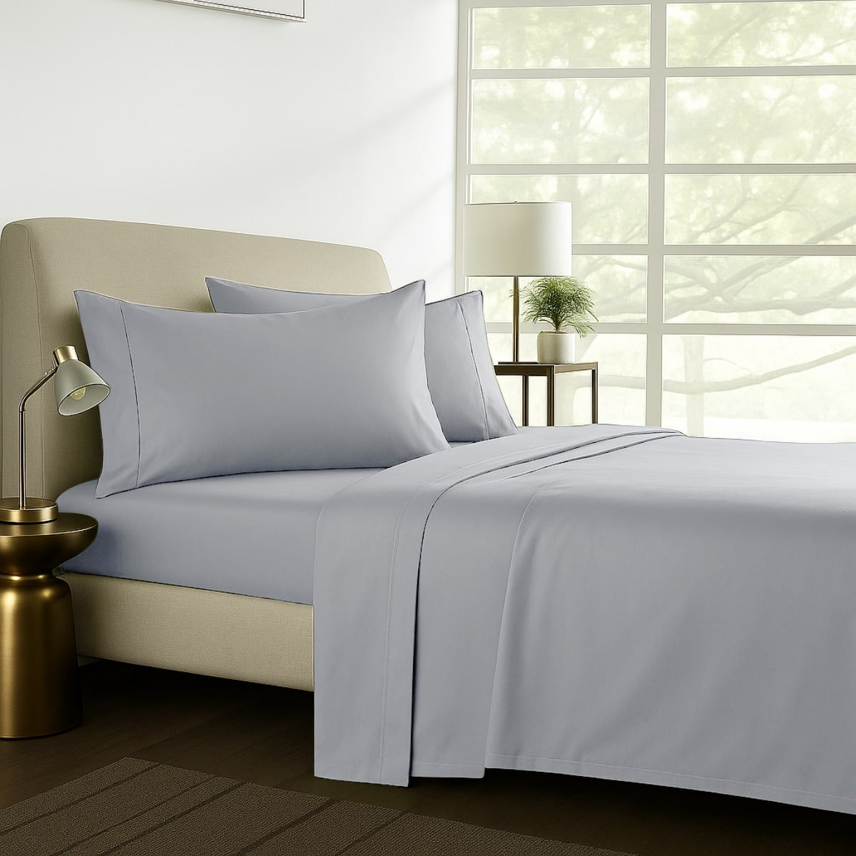 Silver grey cotton sheet set styled