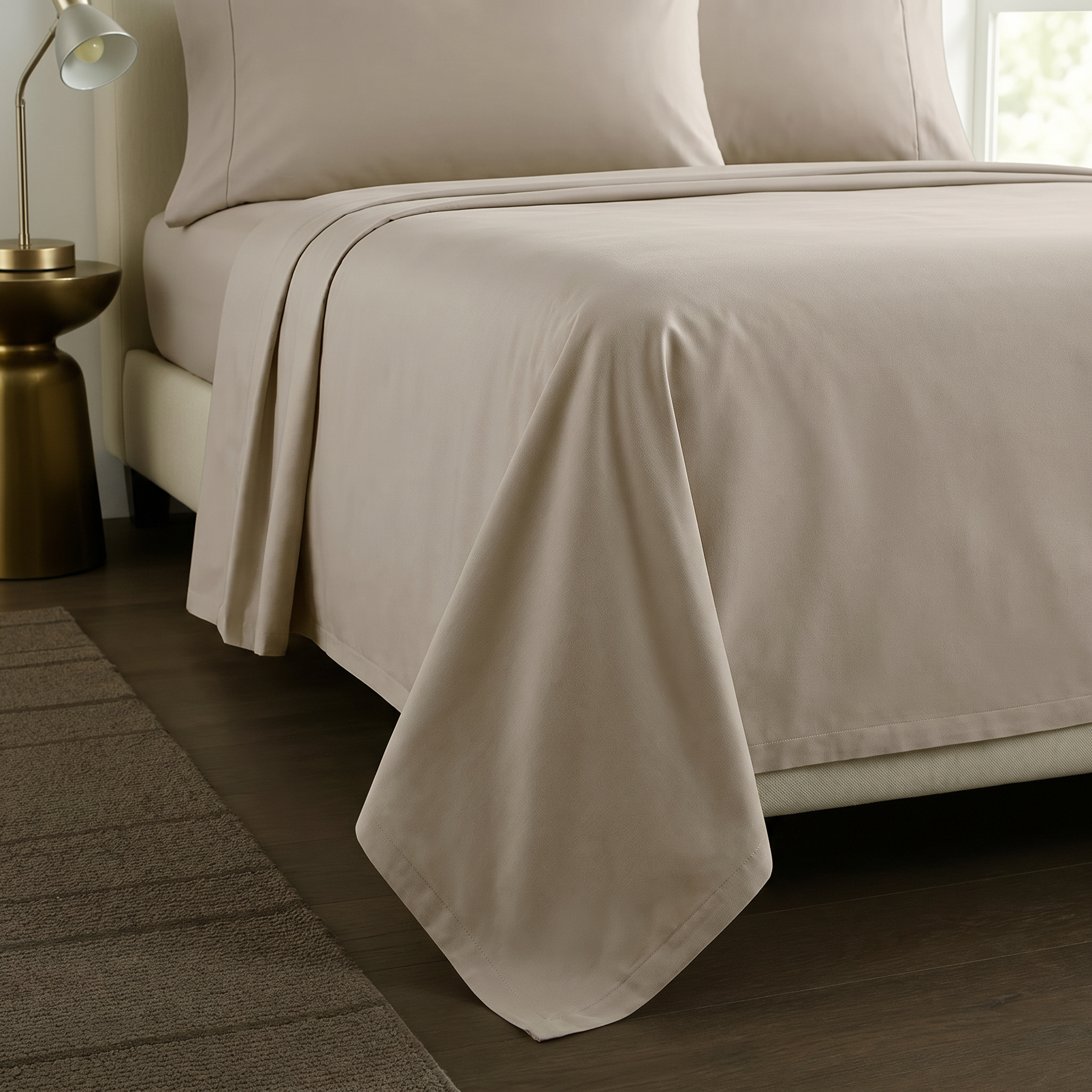 Close-up of beige pillowcases showing soft cotton weave and stitched edge
